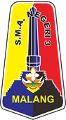 Lambang SMA Negeri 3 Malang: perisai berisi setangkai bunga, api menyala, dan gedung berpilar angka Romawi III bertuliskan Bhawikarsu.
